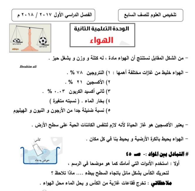 تخليص علوم الوحدة الثانية وحدة الهواء للصف السابع مدرستي الكويتية