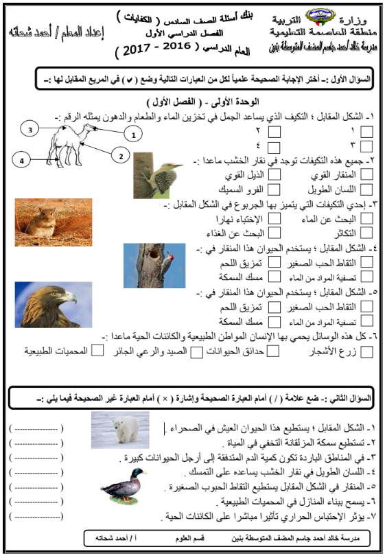 بنك اسئلة علوم سادس كفايات مدرسة خالد المضف