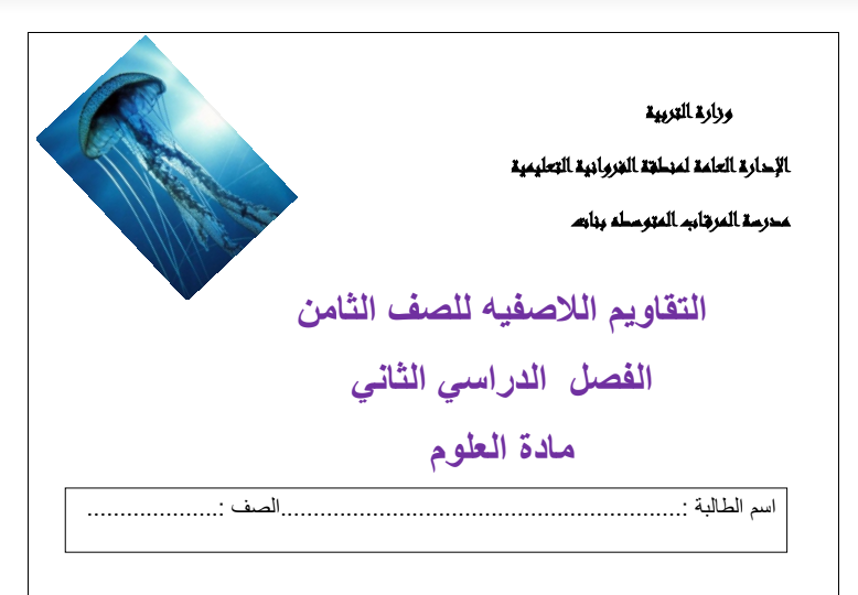 التقاويم اللاصفية علوم للصف الثامن مدرسة المرقاب المتوسطة الفصل الثاني