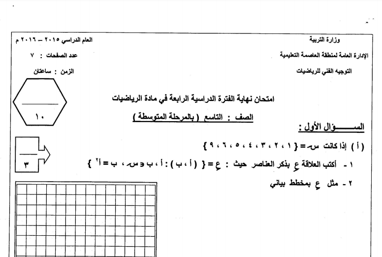 اختبار غير محلول رياضيات تاسع الفصل الثاني العاصمة التعليمية 2015-2016