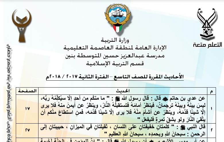 الاحاديث المقررة للصف التاسع الفصل الثاني منطقة العاصمة التعليمية 2017-2018