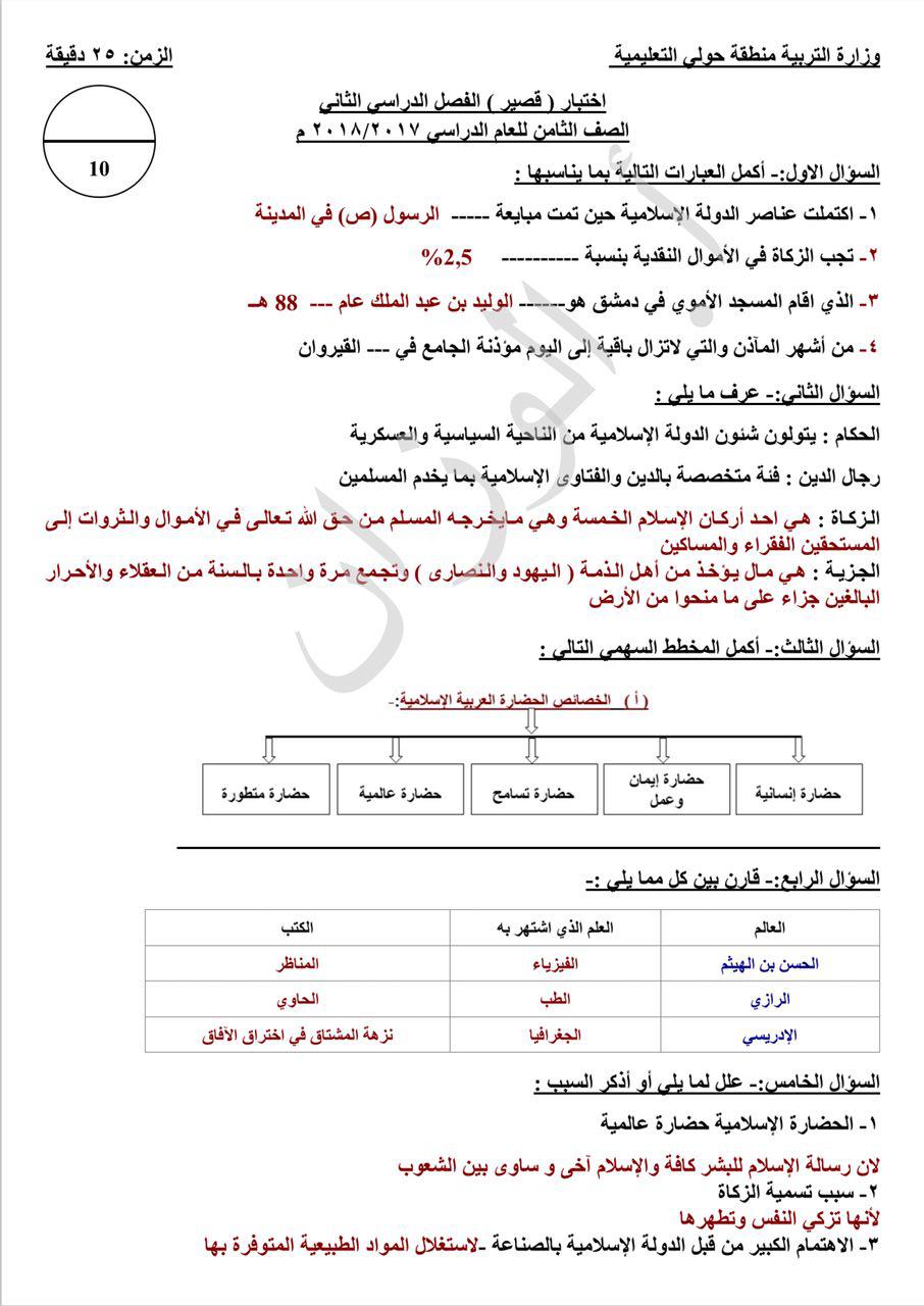 اختبار قصير اجتماعيات للصف الثامن الفصل الثاني منطقة حولي التعليمية 2017-2018