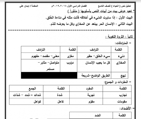  نص الحياء لغة عربية للصف التاسع 