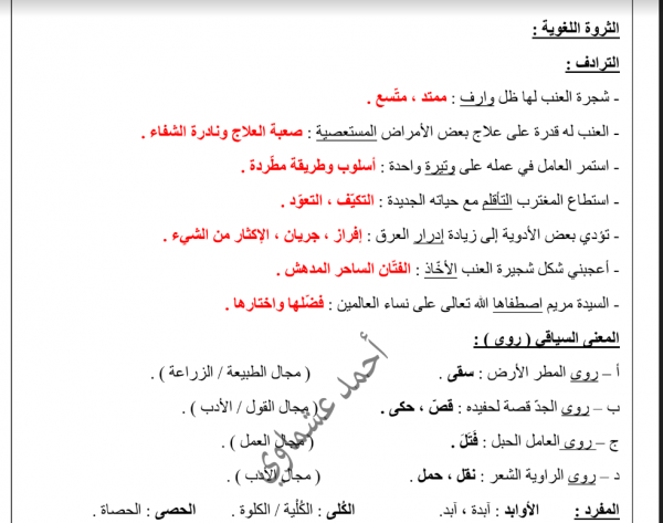 مذكرة لغة عربية العنب ملك الفاكهة ثاني عشر اعداد أحمد عشماوي