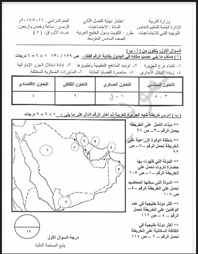 نموذج اجابة اجتماعيات  الصف السادس التعليم الخاص 2016-2017