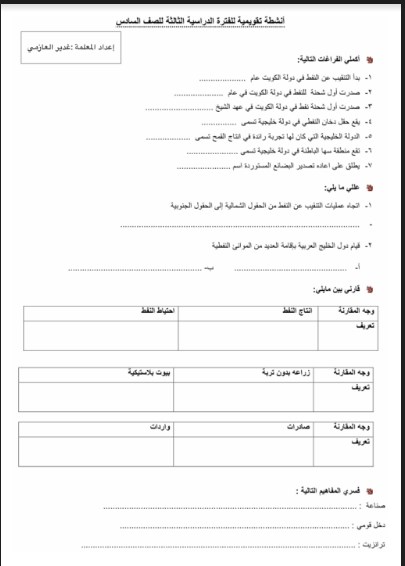 ملفات الكويت أنشطة تقويمية الجتماعيات الصف السادس المعلمة غدير العازمي