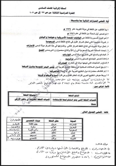 أسئلة الاجتماعيات الصف السادس مدرسة رقية بنت محمد 2017-2018