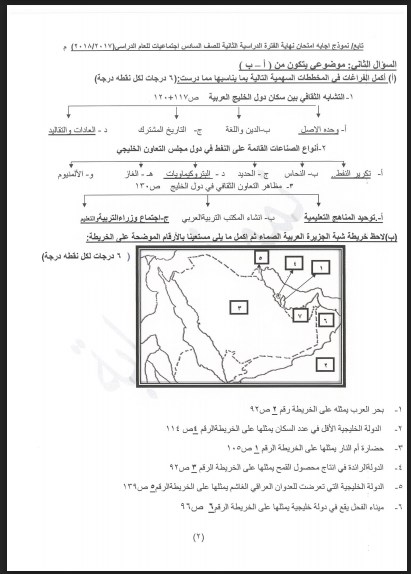 نموذج إجابة اجتماعيات للصف السادس الاحمدي التعليمية 2017-2018