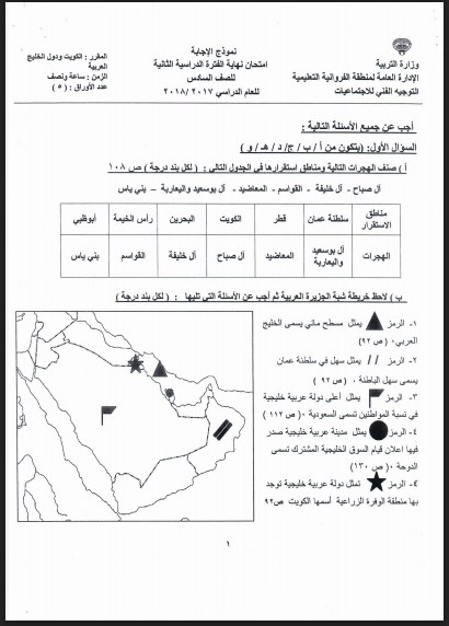 نموذج اجابة اجتماعيات الصف السادس الفروانية 2017-2018