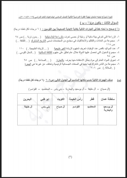 نموذج إجابة اجتماعيات للصف السادس الاحمدي التعليمية 2017-2018