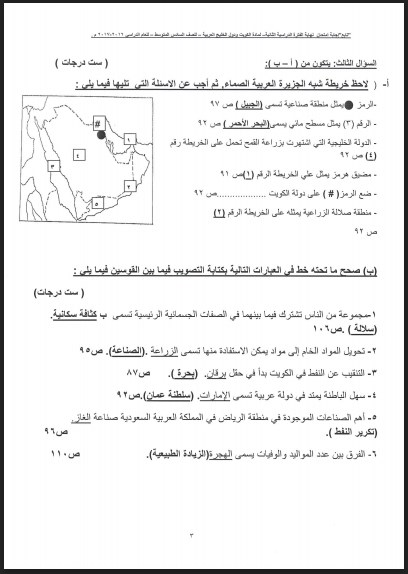 نموذج اجابة اجتماعيات الصف السادس  الاحمدي  2016-2017