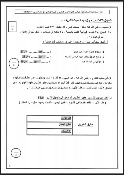 نموذج اجابة اسلامية للصف السادس حولي التعليمية 2017-2018