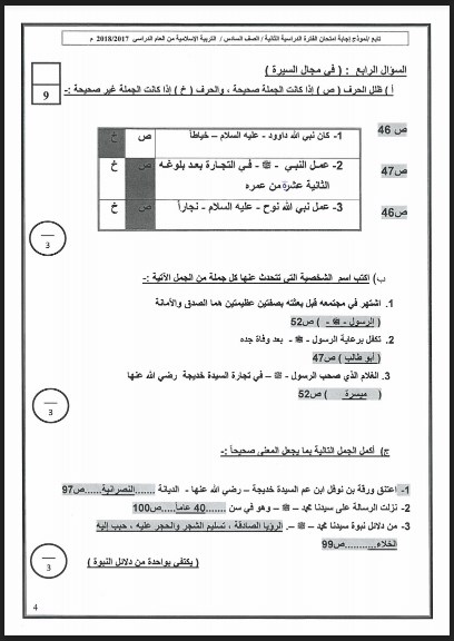 نموذج اجابة اسلامية للصف السادس حولي التعليمية 2017-2018