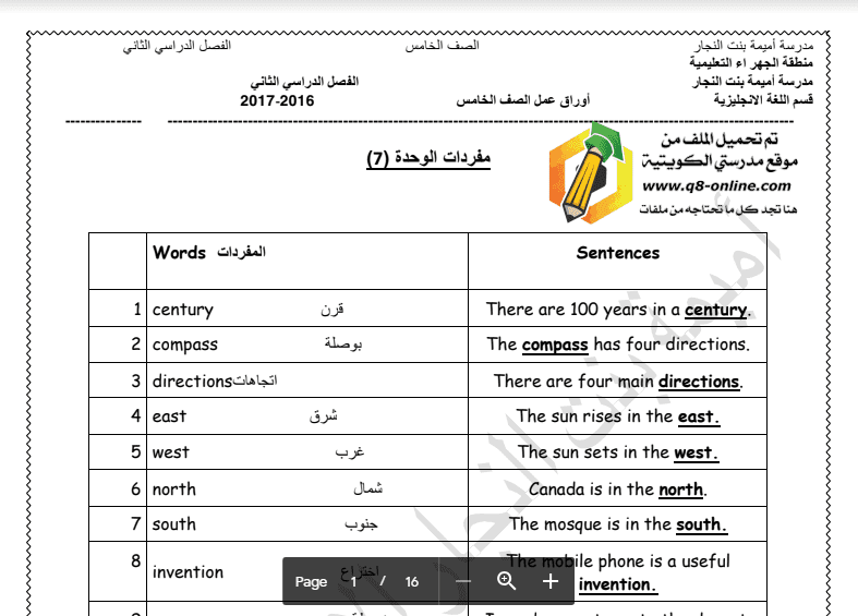 أوراق عمل لغة انجليزية الصف الخامس مدرسة أميمة بنت النجار 2016-2017