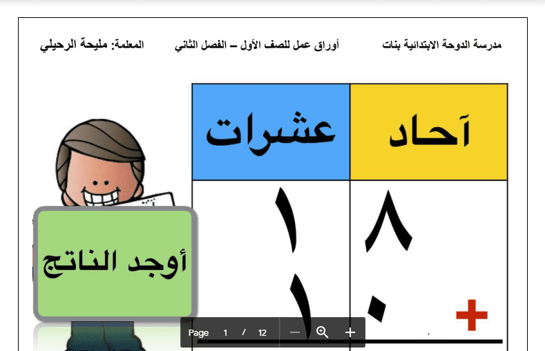 أوراق عمل رياضيات الصف الأول مدرسة الدوحة اعداد مليحة الرحيلي