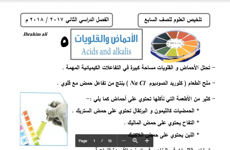 تلخيص علوم الأحماض والقلويات الصف السابع اعداد ابراهيم علي 2017-2018