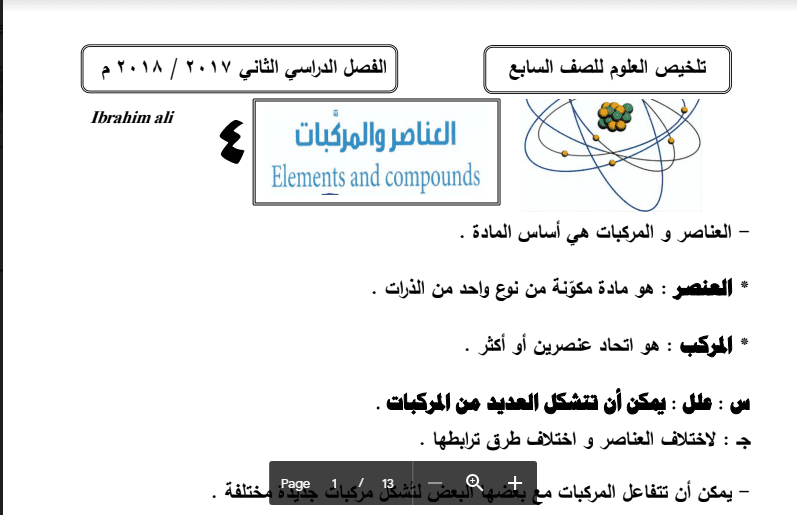 تلخيص تلخيص علوم العناصر والمركبات الصف السابع اعداد ابراهيم علي 2017-2018العناصر والمركبات الصف السابع 2017-2018