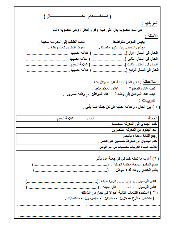 تدريبات لغة عربية الصف السابع مدرسة سليمان الموسوي