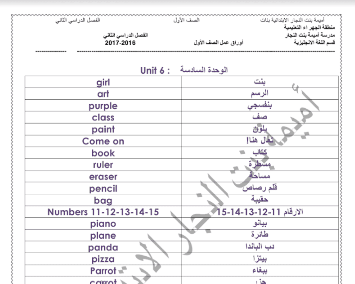 اوراق عمل انجليزية الصف الاول الفصل الثاني مدرسة اميمة بنت النجار 2016-2017