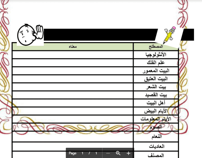 ورقة عمل المصطلحات لغة عربية الصف السادس