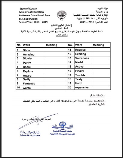 مفردات إملاء لغة انجليزية الصف السادس الفصل الثاني منطقة العاصمة التعليمية 2018-2019