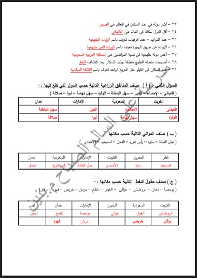 مراجعة اجتماعيات للصف السادس الفصل الثاني مدرسة علي السالم الصباح 2017-2018