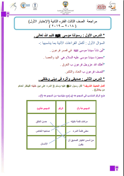 مراجعة الصف الثالث اسلامية الإختبار الأول الفترة الثانية مدرسة السلام الابتدائية 2018-2019