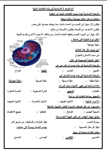 مراجعة علوم الوحدة الأساسية في بناء الكائنات الصف الرابع الفصل الثاني