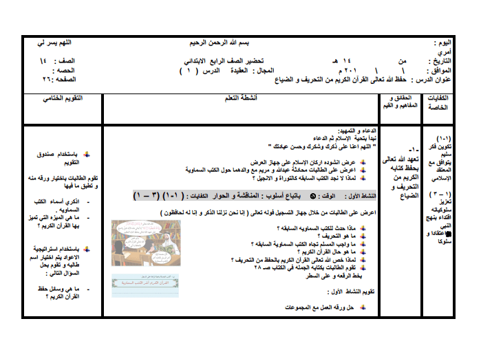 تحضير كفايات تربية إسلامية للصف الرابع الفصل الثاني 1 تحضير كفايات تربية إسلامية للصف الرابع الفصل الثاني