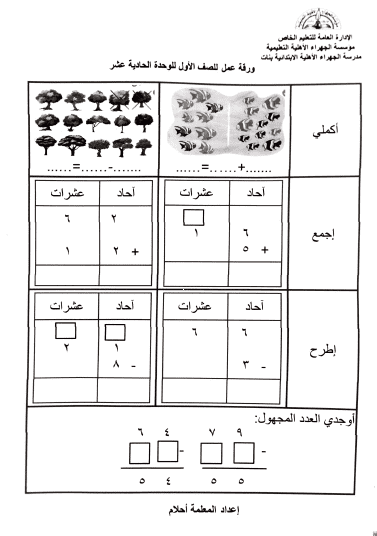 ورقة عمل الوحدة الحادية عشر للصف الأول الفصل الثاني مدرسة الجهراء الأهلية الابتدائية