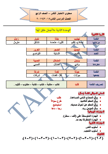 محتوى الاختبار الثاني لغة عربية للصف الرابع الفصل الثاني 2018-2019