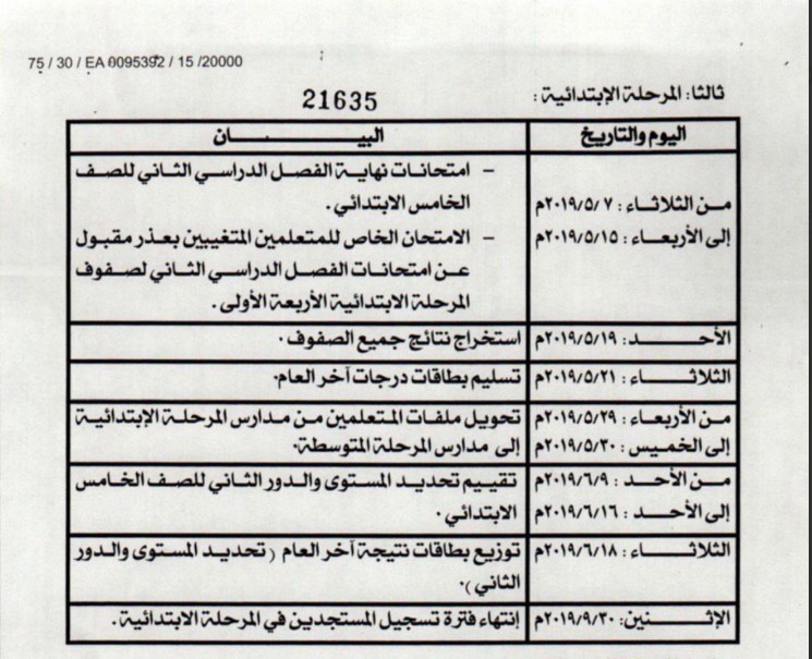 مواعيد اختبارات الدور الثاني لجميع المراحل 2018-2019