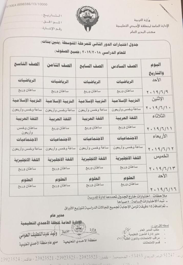 جدول اختبارات الدور الثاني منطقة الاحمدي التعليمية 2018-2019
