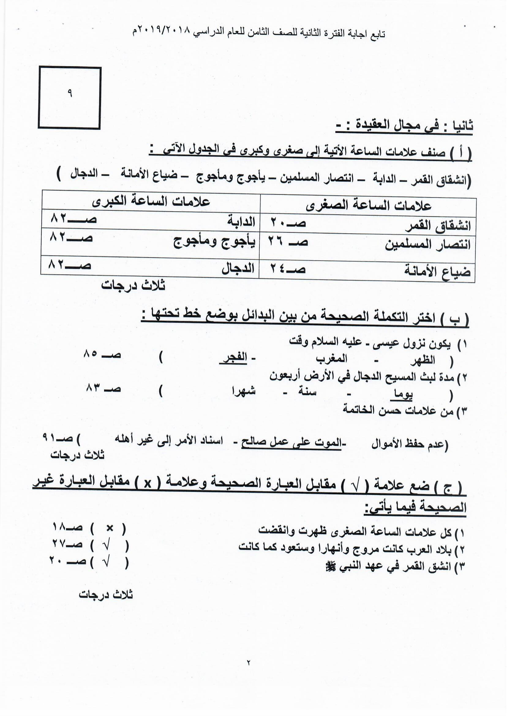 نموذج اجابة اختبار مادةالتربية الإسلامية الثامن الفصل الثاني
