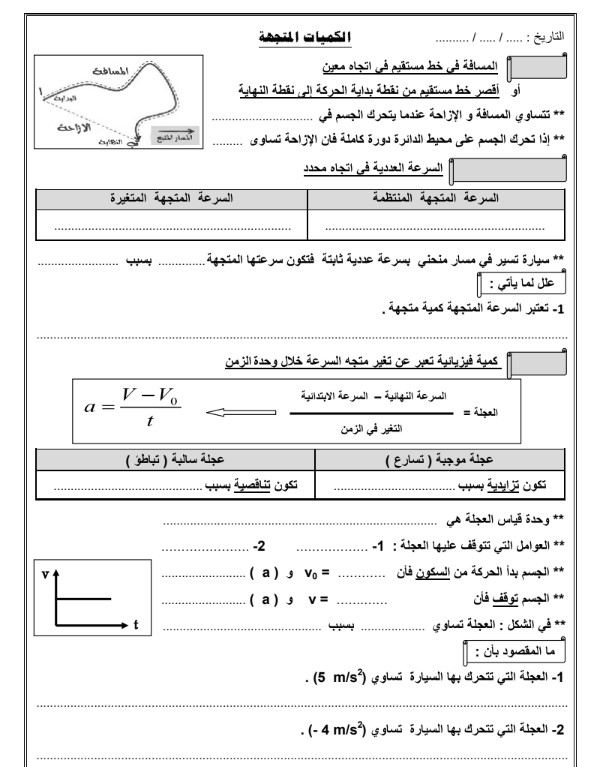 اوراق عمل فيزياء للصف العاشر غير محلولة الفصل الاول