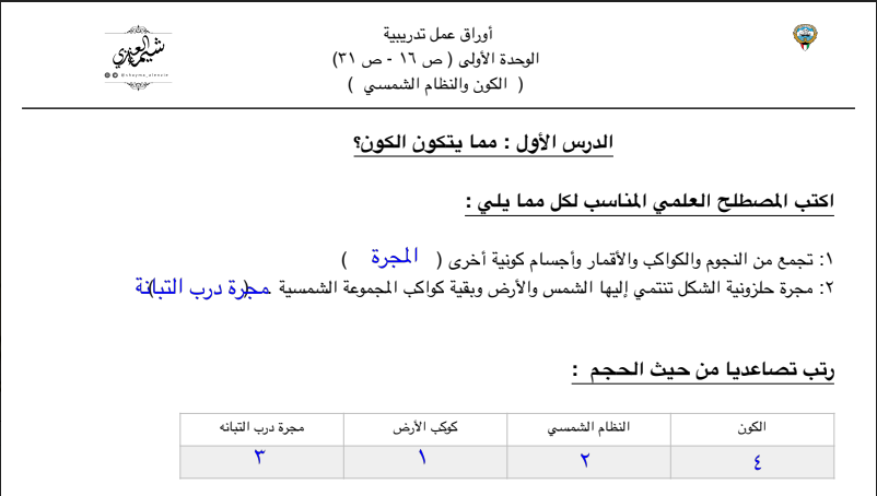 مذكرة محلولة علوم خامس وحدة الكون والنظام الشمسي أ. شيماء العنزي