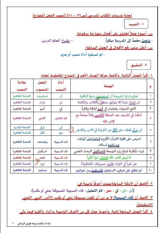 مذكرة النحو للصف السابع لغة عربية الفصل الاول الاستاذ وجيه