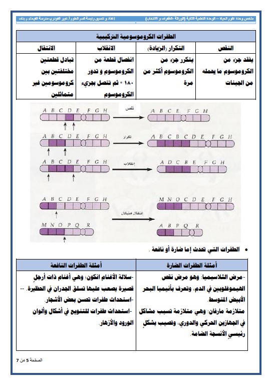 ملخص وحدة الطفرات علوم الصف التاسع اعداد عبير الفودري