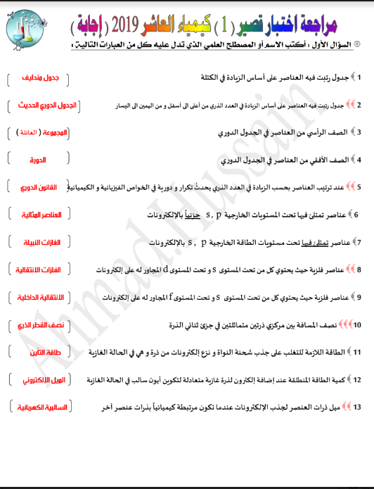 مذكرة الاختبار القصير محلولة كيمياء الصف العاشر الفصل الاول 2020