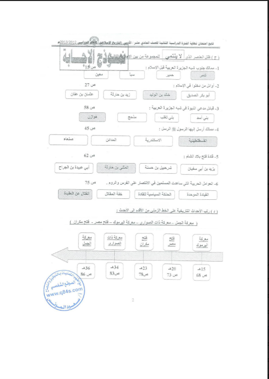 نموذج الاجابة امتحان تاريخ الصف الحادي عشر الفصل الاول 2012-2013