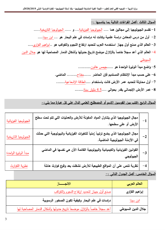 بنك أسئلة جيولوجيا محلول الصف الحادي عشر الفصل الاول 2020