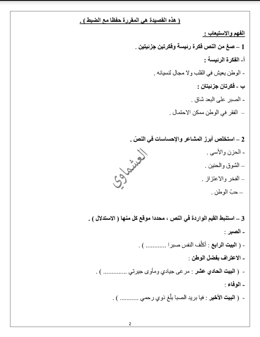 مذكرات العشماوي درس غربة وحنين لغة عربية الصف الحادي عشر الفصل الاول