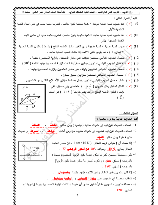 بنك اسئلة محلول فيزياء الصف الحادي عشر الفصل الاول