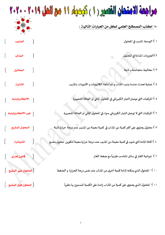 مذكرة الاختبار القصير محلولة كيمياء الصف الحادي عشر الفصل الاول 2020