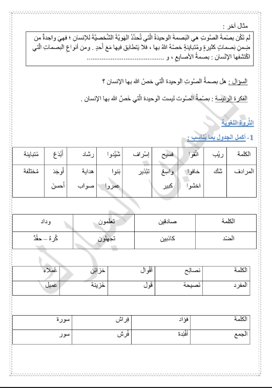 الصف الخامس مذكرة الاختبار القصير لغة عربية الفصل الاول 2019-2020