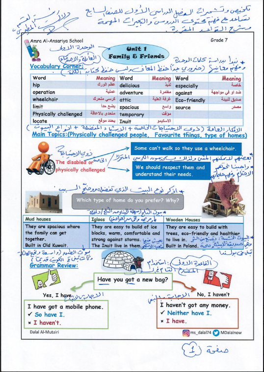 تشجيرات انجليزي مترجمة الصف السابع الفصل الاول المعلمة دلال المطيري