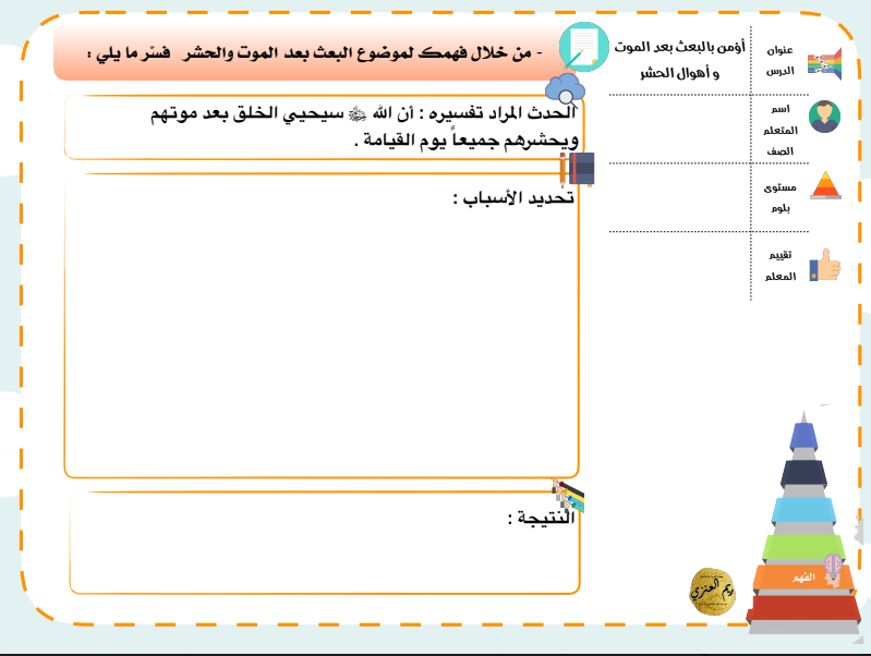 الانشطة الصفية هرم بلوم الذكي اسلامية الصف التاسع الوحدة الثانية ريم العنزي