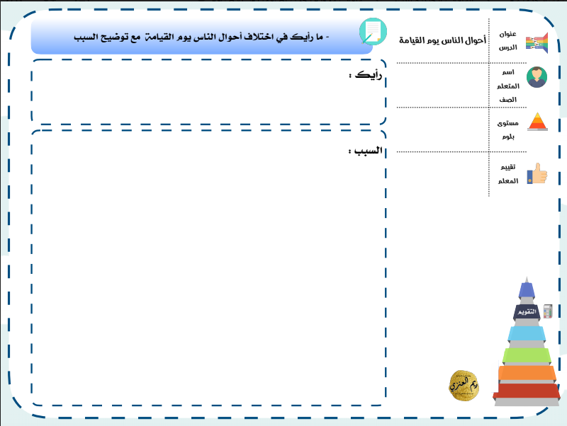 الانشطة الصفية هرم بلوم الذكي اسلامية الصف التاسع الوحدة الثانية ريم العنزي