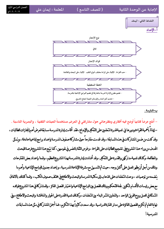 حل الوحدة الثانية لغة عربية الصف التاسع المعلمة ايمان علي الفصل الاول