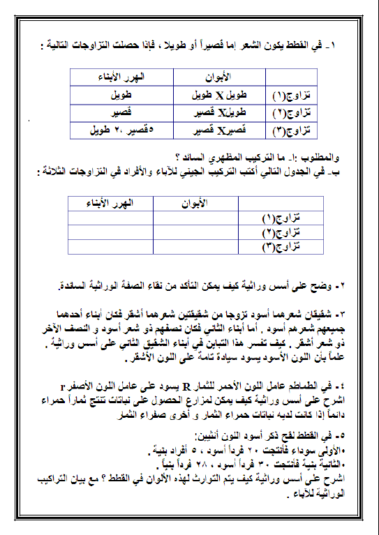 مسائل وراثية أحياء الصف الحادي عشر الفصل الأول إعداد حسام الجندي